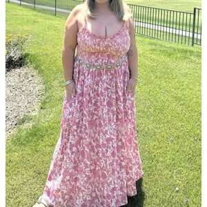 Free People Midi Dress Sz L Pink Floral Toile Smocked Sleeveless Pockets Cotton